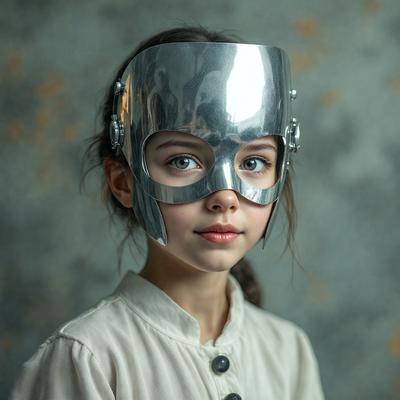 The primary subject of the image is a young girl wearing a silver helmet or mask. She is standing in front of a wall, which serves as the setting or background of the scene. The visual style of the image is a close-up of the girl, showcasing her facial expression and the unique helmet she is wearing. The colors in the image are predominantly silver and white, giving the scene a futuristic and modern feel.